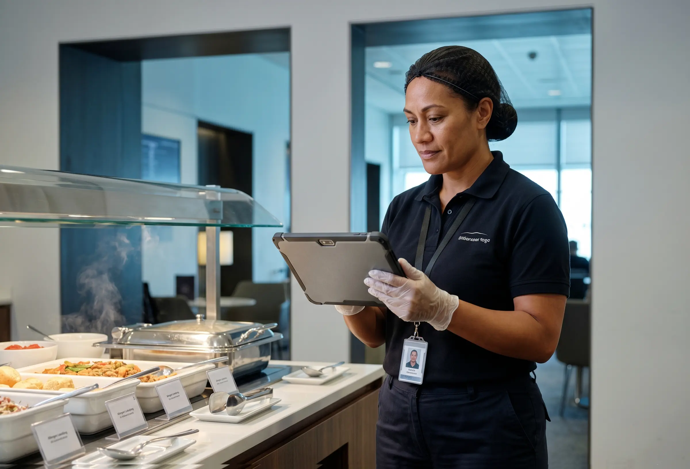 Foodservice operations lead at an international airport lounge documenting on the tablet the just-completed allergen check at the buffet.