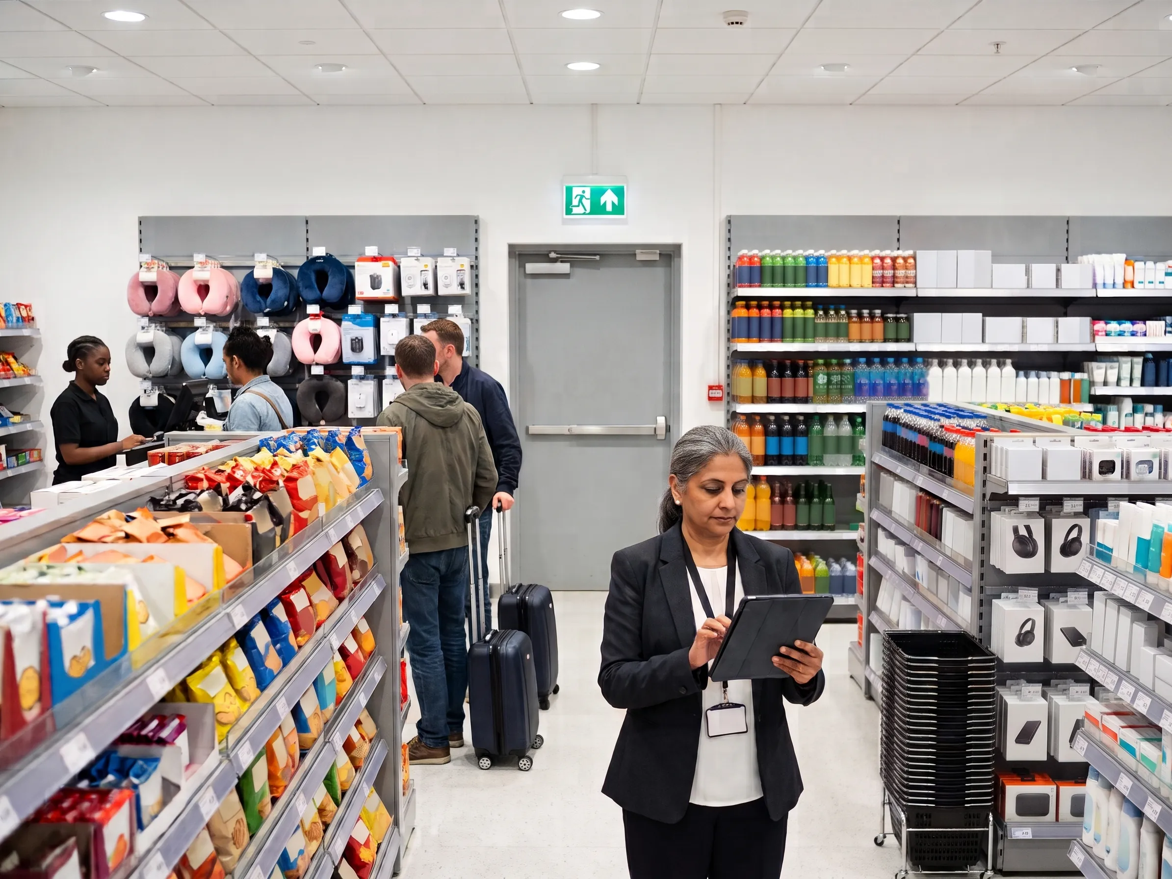Fire safety walk with flowtify AUDIT Area manager assesses the emergency exit on a tablet during a safety walk in an airport travel retail store
