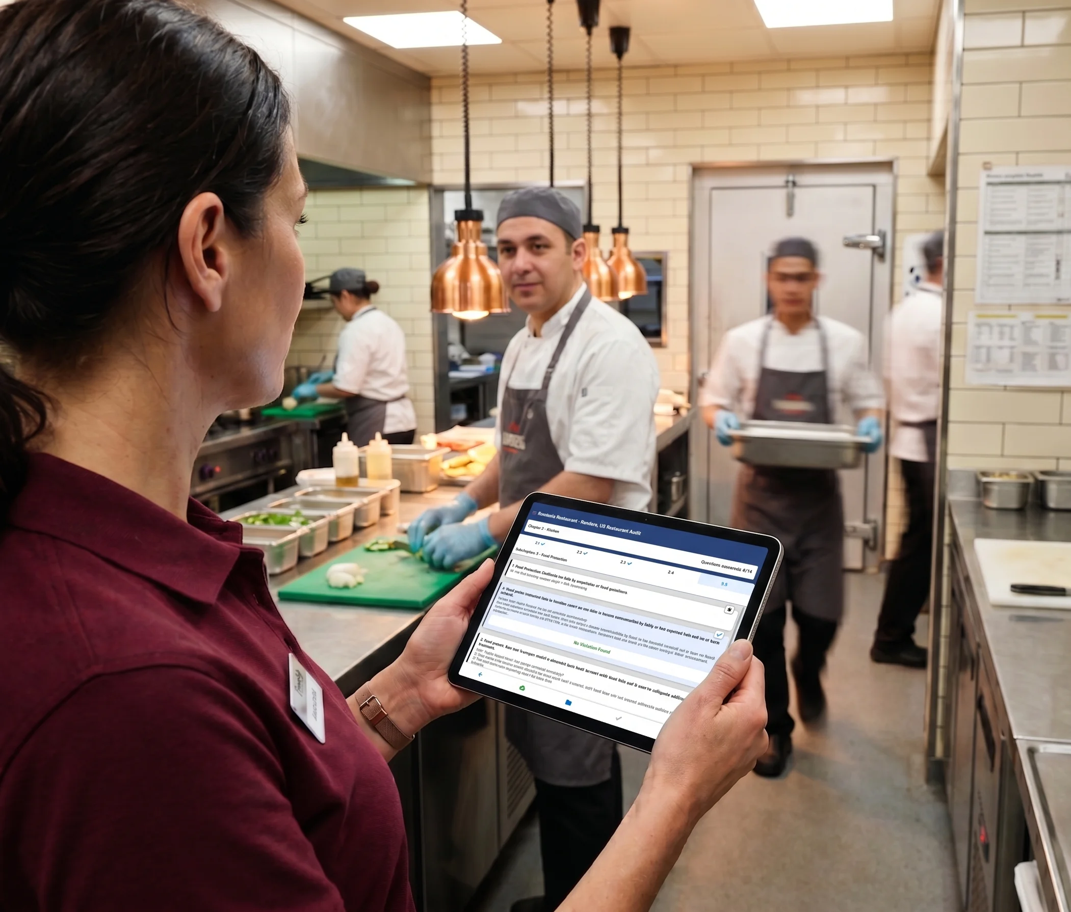 Area manager conducting a structured digital audit on a tablet during pre-service preparation in a casual-dining chain kitchen