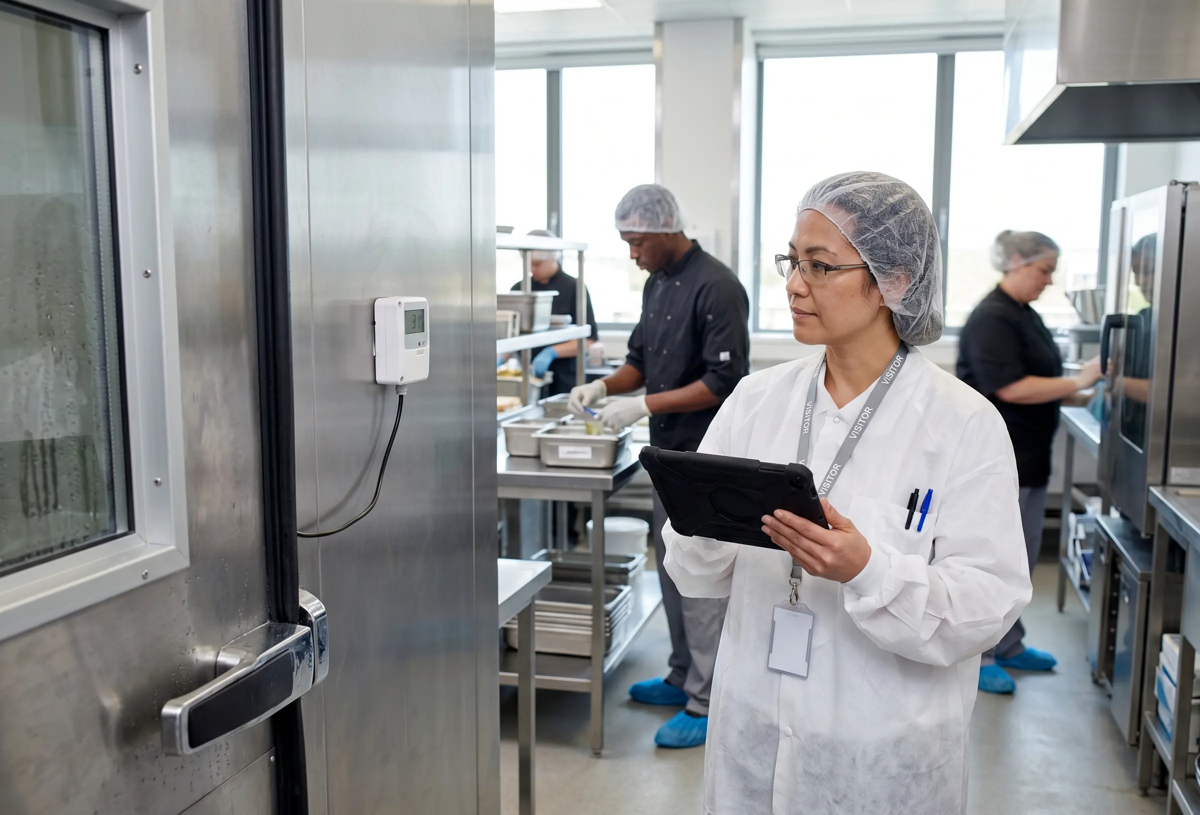 External auditor with tablet checks cold-room temperatures in a care catering kitchen while the kitchen crew continues working in the background