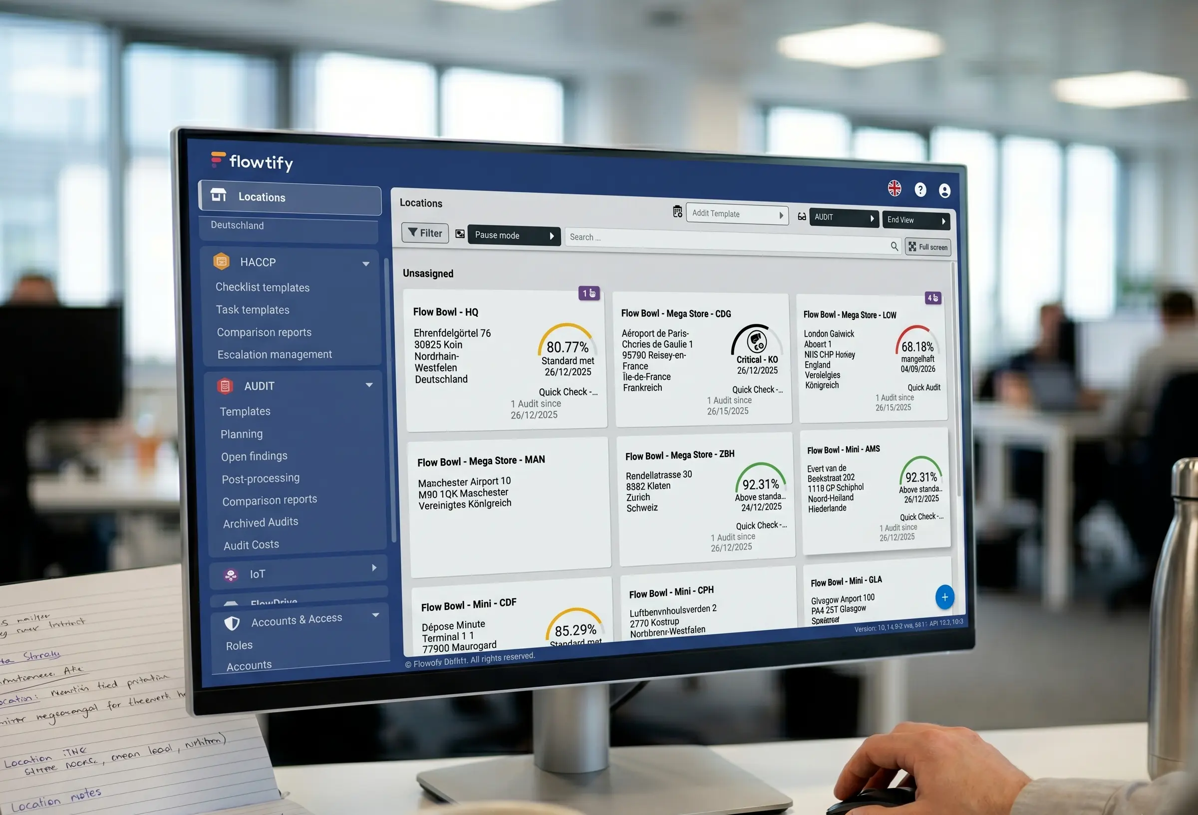 Headquarters workstation monitor showing the flowtify locations dashboard with audit results from multiple European sites, all data automatically aggregated across the network.