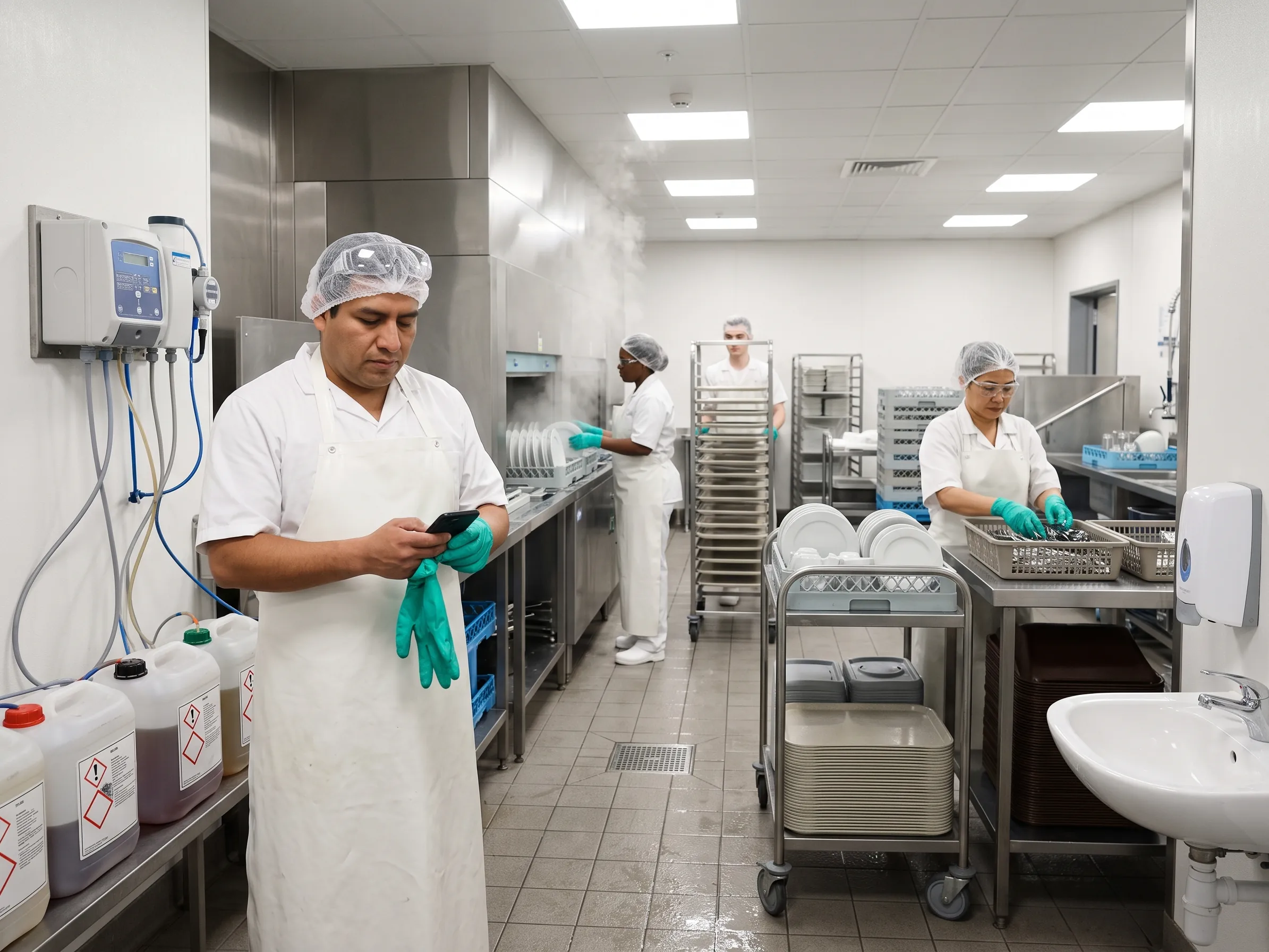 Safety data sheets at hand in the app Employee in a hospital kitchen dishwashing area reads the safety data sheet on his smartphone at the chemical dosing station