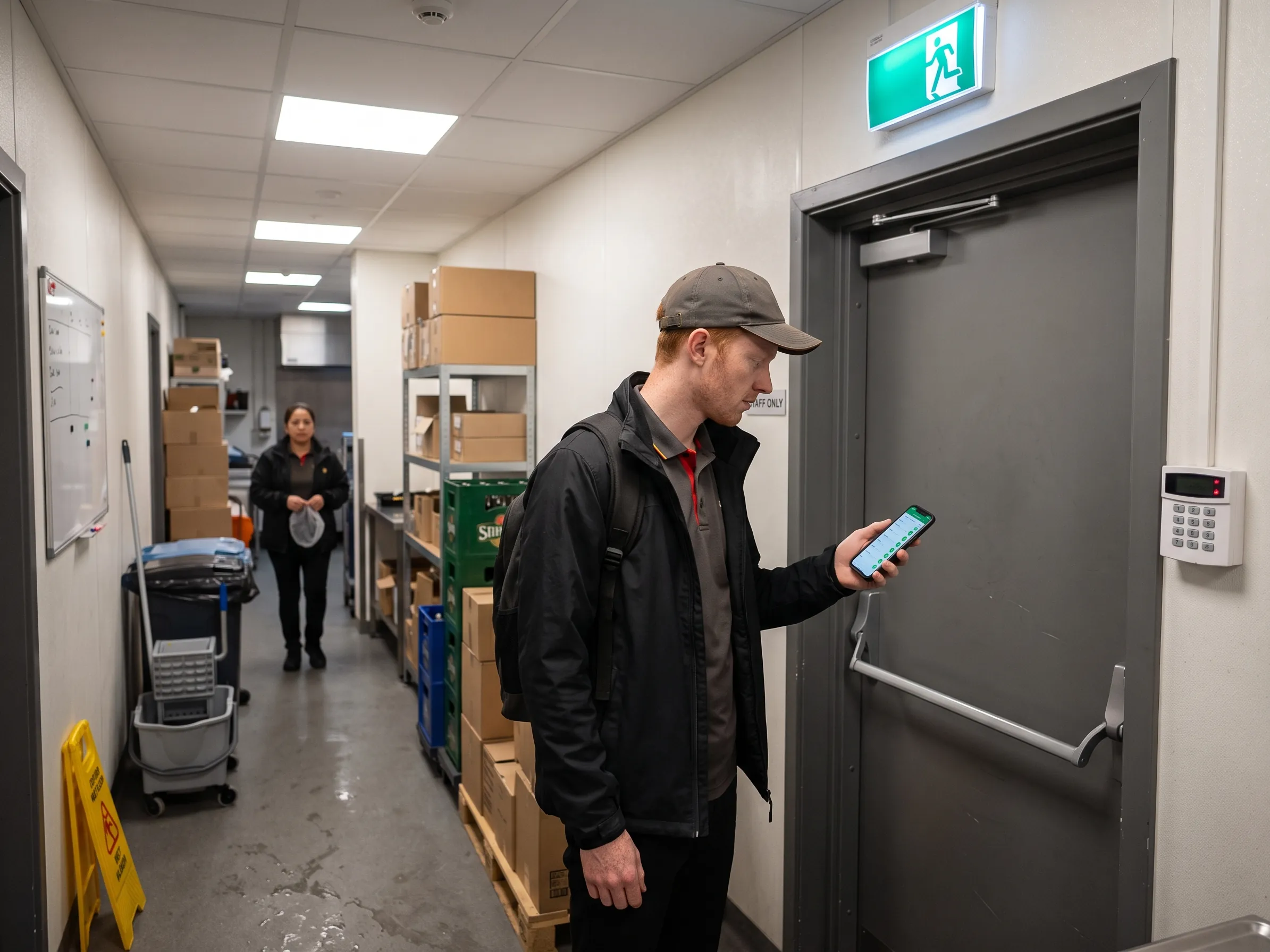 Daily closing round as a digital checklist Shift lead in a quick service restaurant confirms the locked back door and armed alarm on his smartphone after closing