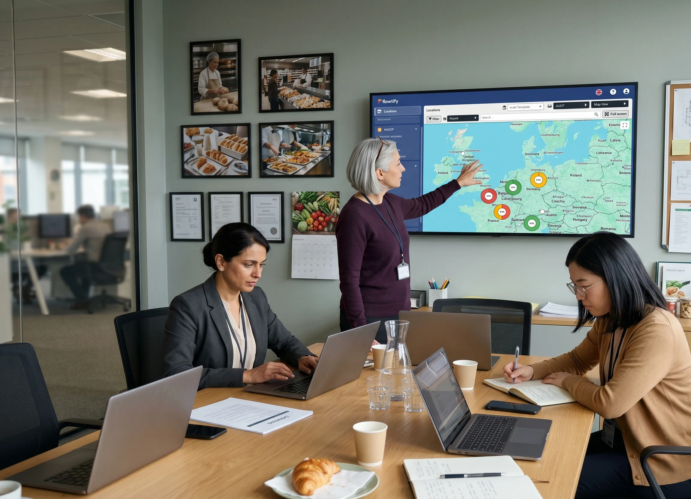 Three executives from Quality, Operations and Region reviewing cross-site audit performance of their store network on a wall display in the headquarters conference room.