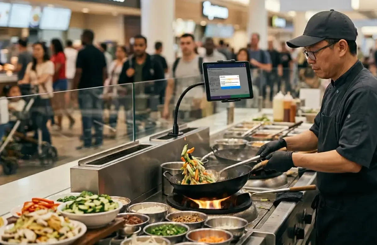 East Asian chef in a modern chain restaurant (airport food court) preparing food in a wok over an open flame, accompanied by a clear HACCP documentation structure on a mounted tablet