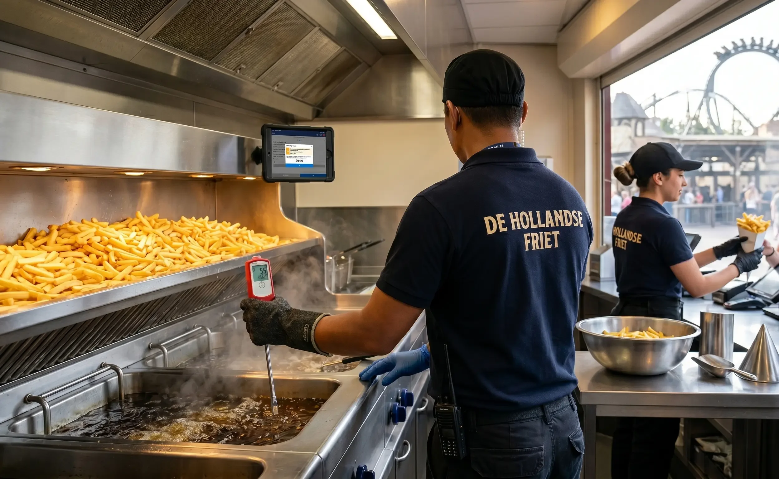 Quick-service worker uses a TPM measuring device for an HACCP frying-oil check