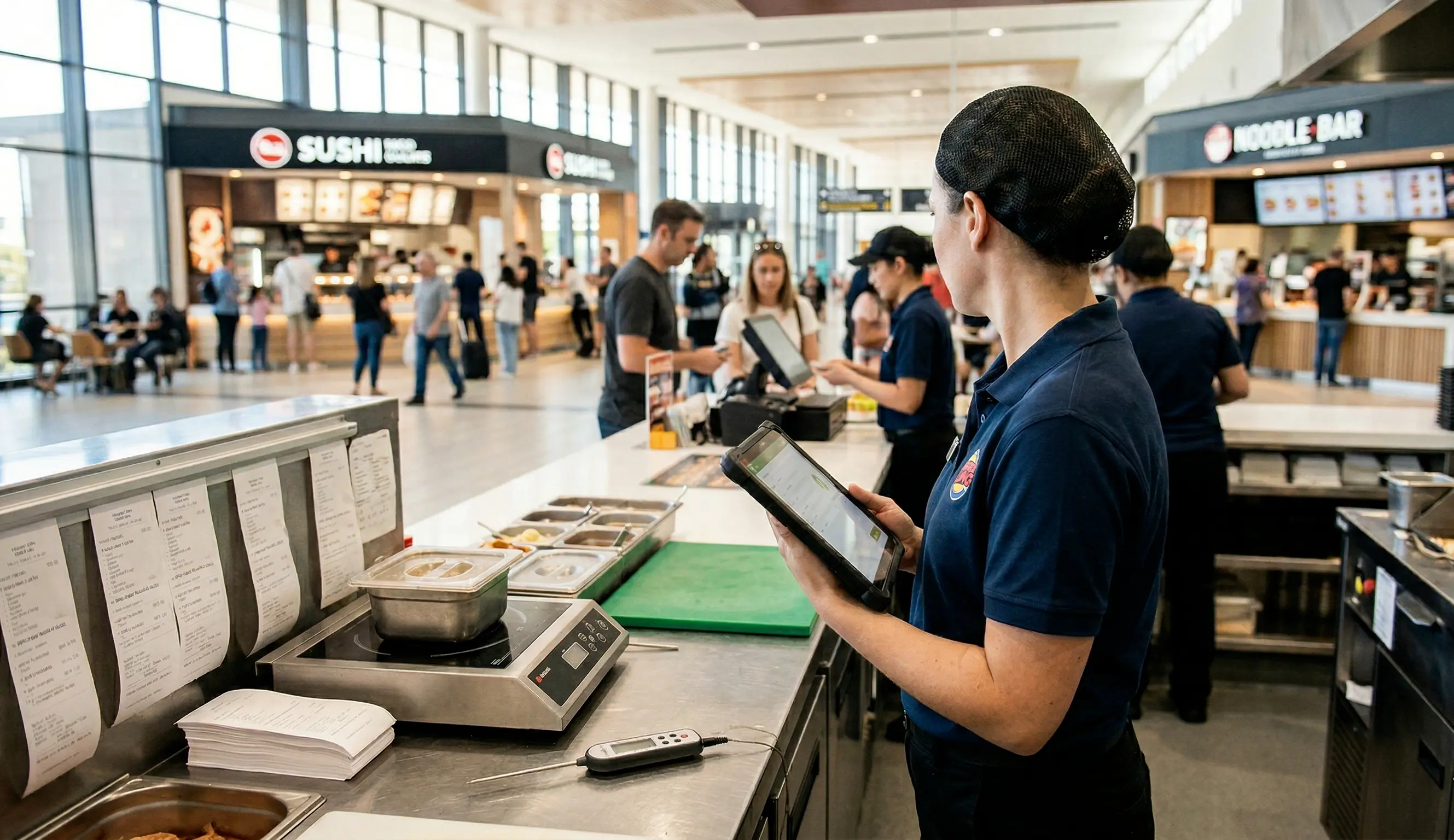 Staff member with tablet in a foodcourt location, various quick-service outlets like sushi and noodle bars visible in the background