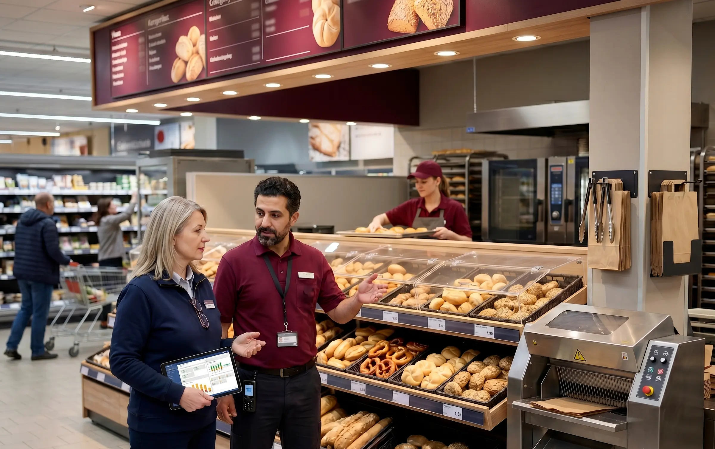 Store manager and area manager reviewing tablet analytics at the in-store bakery counter of a supermarket location, with a staff member arranging fresh baked goods in the background