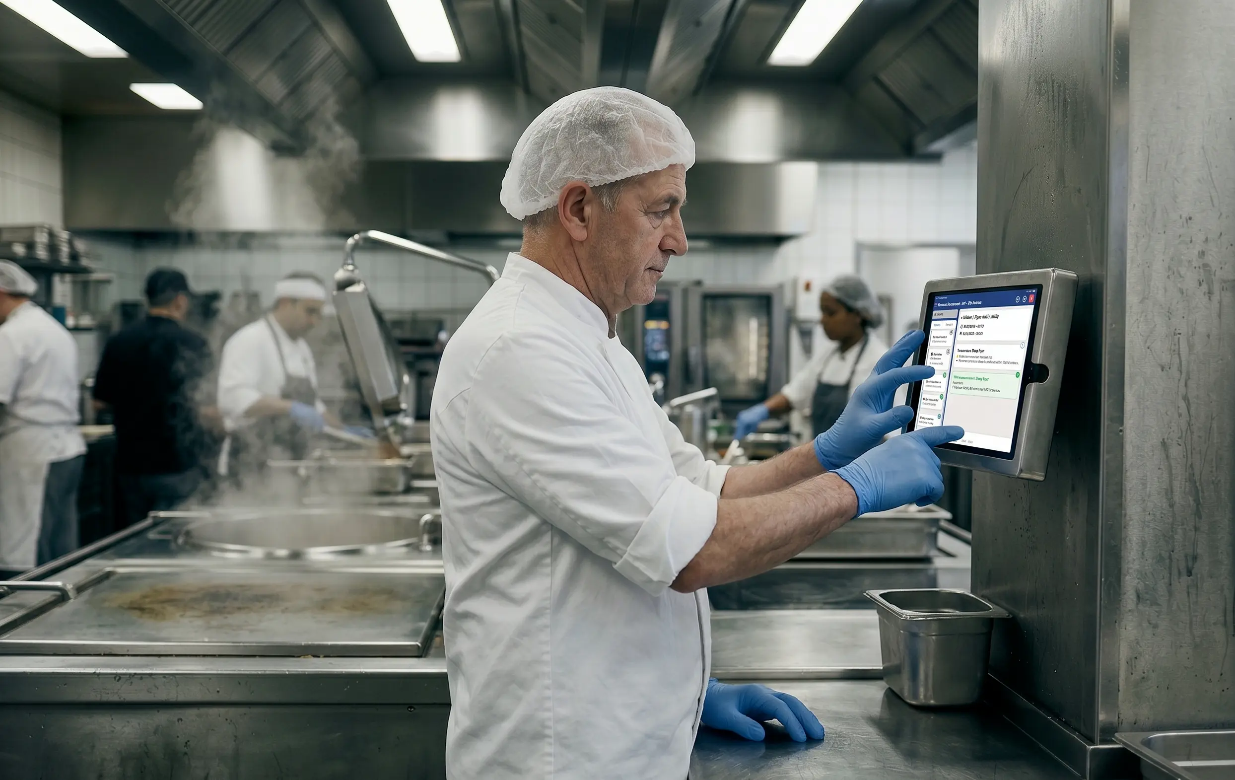 Head chef using a digital quality management system on a tablet during live kitchen operations
