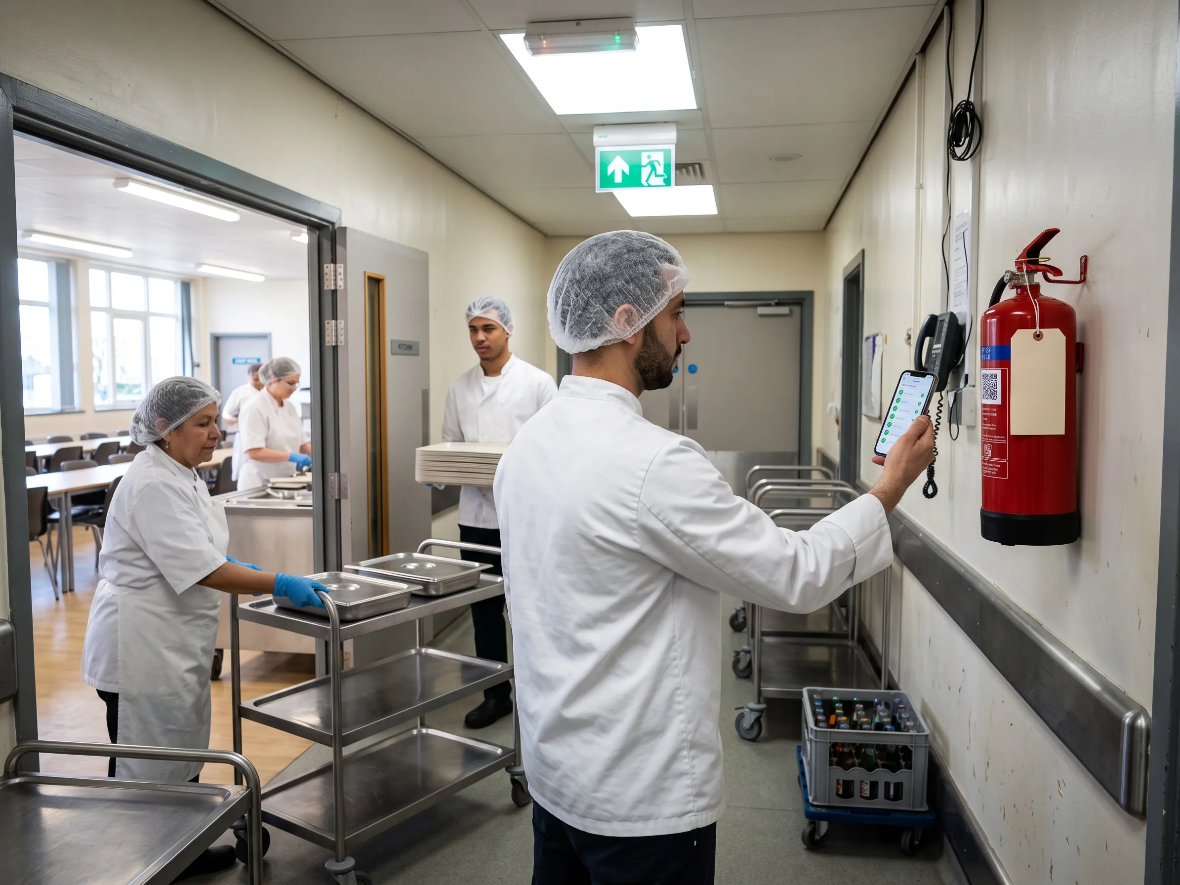 Fire safety check with QR code as proof of presence Employee in a staff restaurant scans the QR code on a fire extinguisher with his smartphone as proof of the on-site check