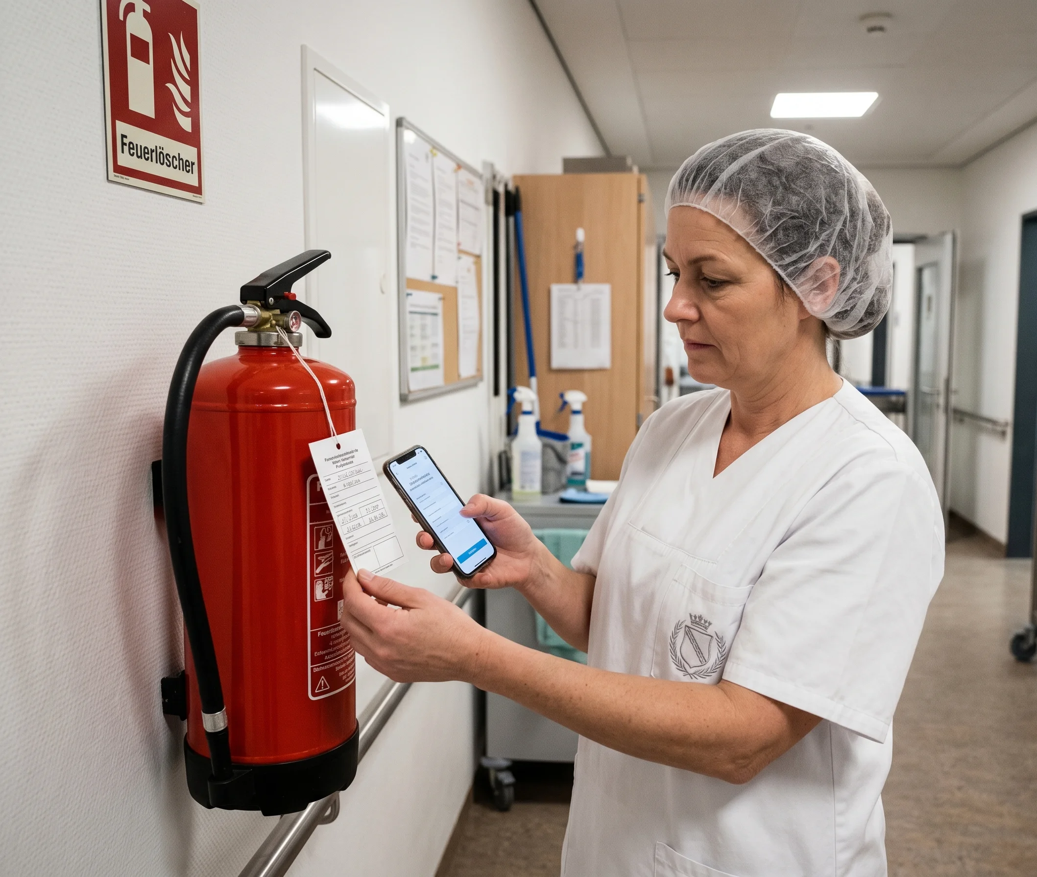 Domestic services manager in a care facility documenting the monthly visual inspection of a fire extinguisher on a smartphone, matching the inspection date with the digital safety checklist.
