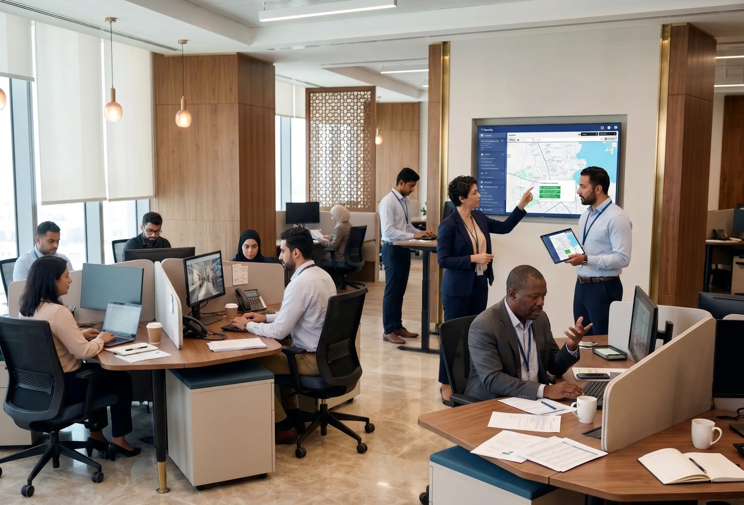 Multinational team in a flowtify control center: employees analyzing cross-location controls and audit data on a wall screen and tablets