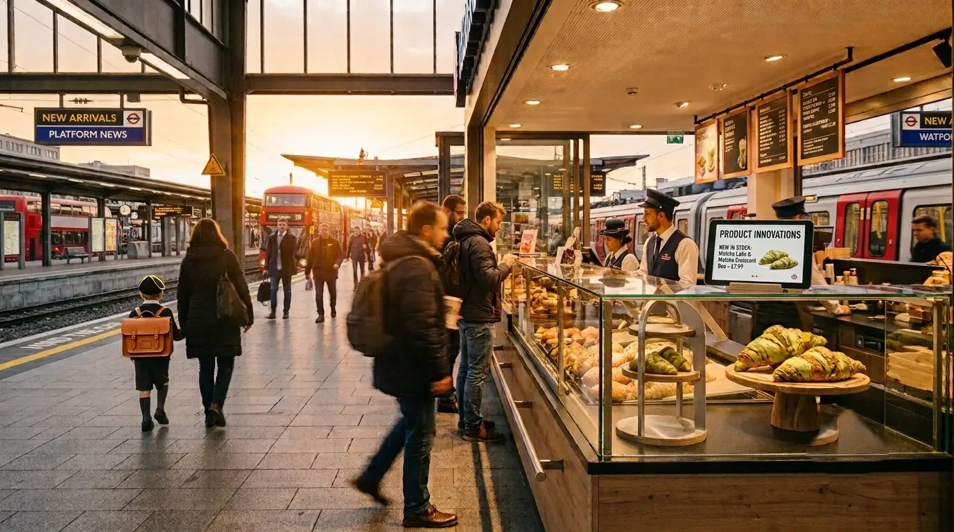 Travellers at a station buying from a bakery stand with a display case; a screen shows Product Innovations with new products, trains and a Platform News board in the background