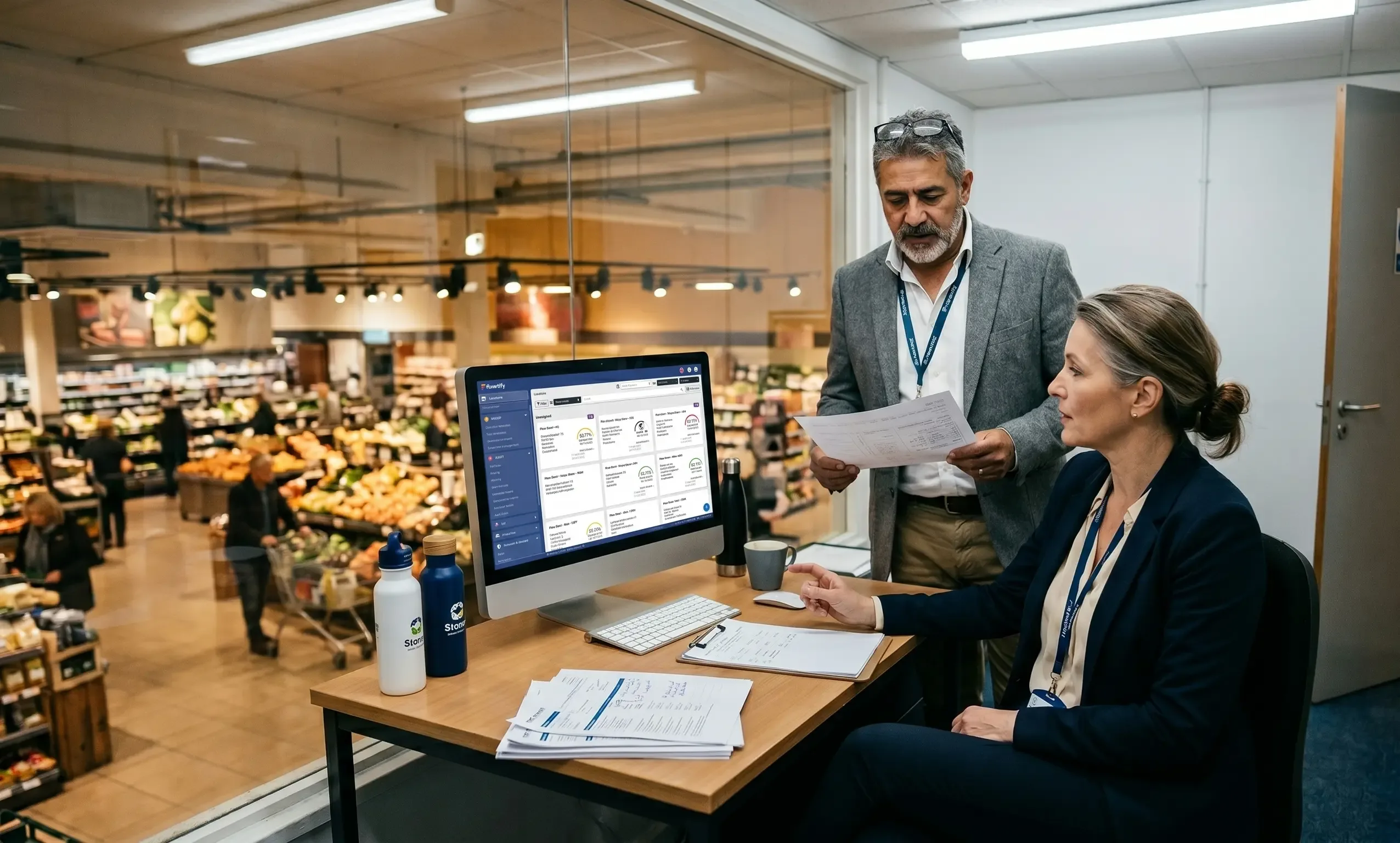 Regional management team conducting cross-location review in a supermarket back office: flowtify dashboard showing data across multiple stores