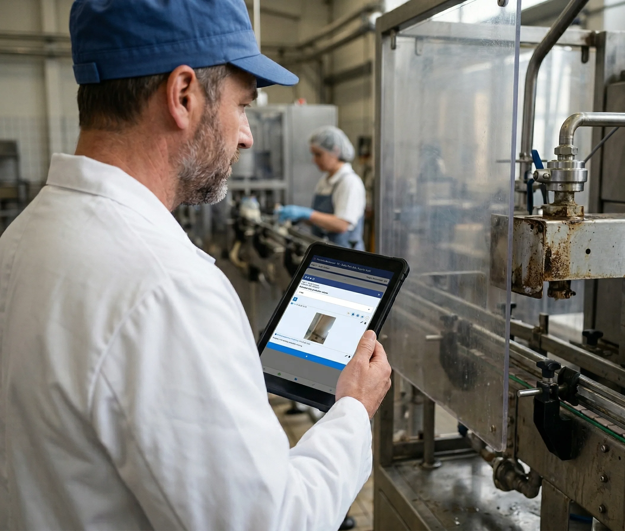 Team members conducting a digital audit in a food production facility