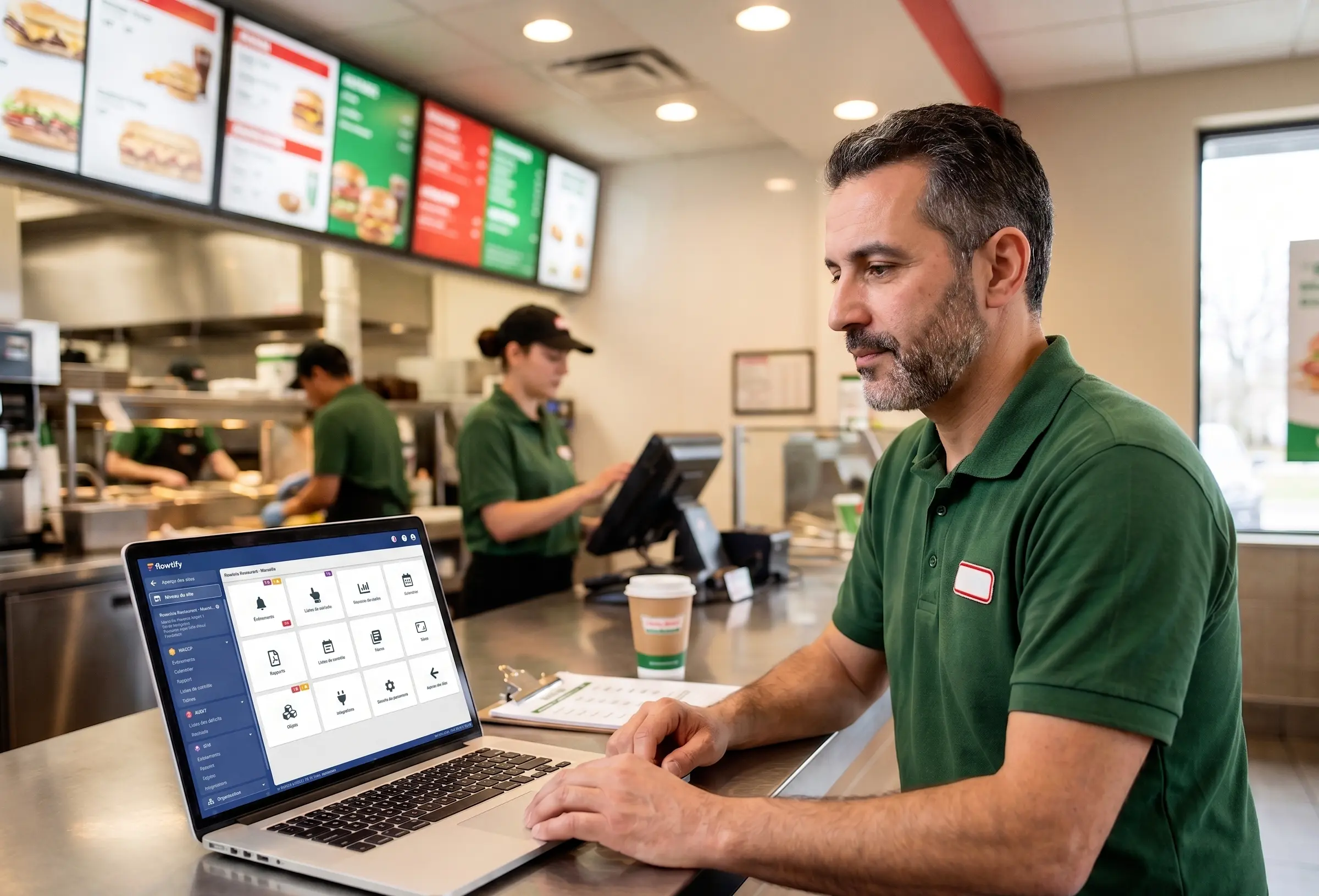 QSR franchise owner reviewing the daily flowtify site dashboard on a laptop at the manager counter, showing open tasks and deviations.