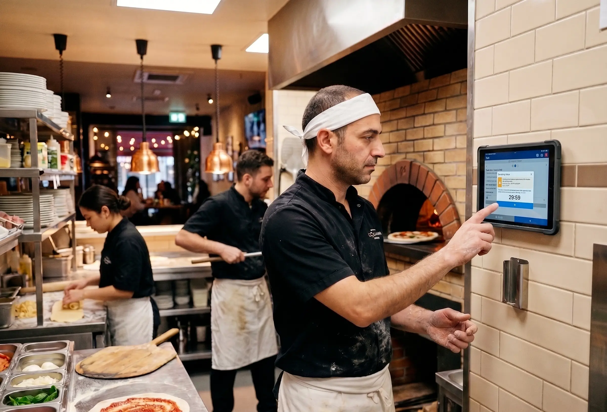 Pizzaiolo logging a routine temperature reading on a wall-mounted tablet in the open pizza station of an Italian restaurant chain kitchen