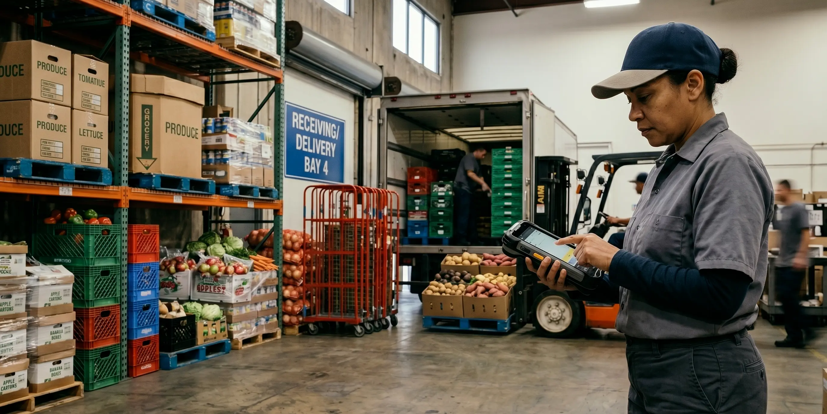 Warehouse worker inspects a food delivery with fresh produce at goods receiving while a colleague logs the temperature and incoming check on the tablet, refrigerated truck at the loading bay in the background