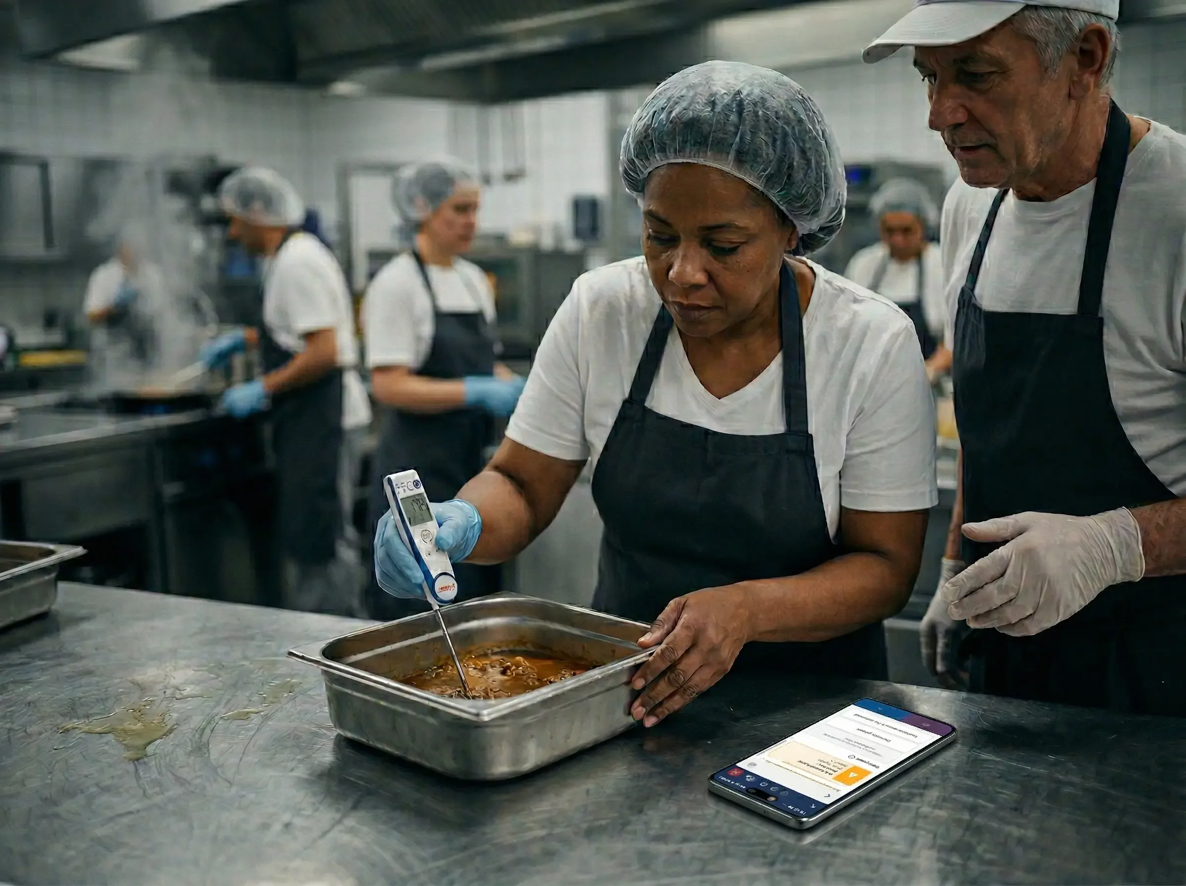 Kitchen team member rechecks the core temperature of a dish with a probe thermometer while a colleague watches and the flowtify app on a smartphone shows the corrective action step