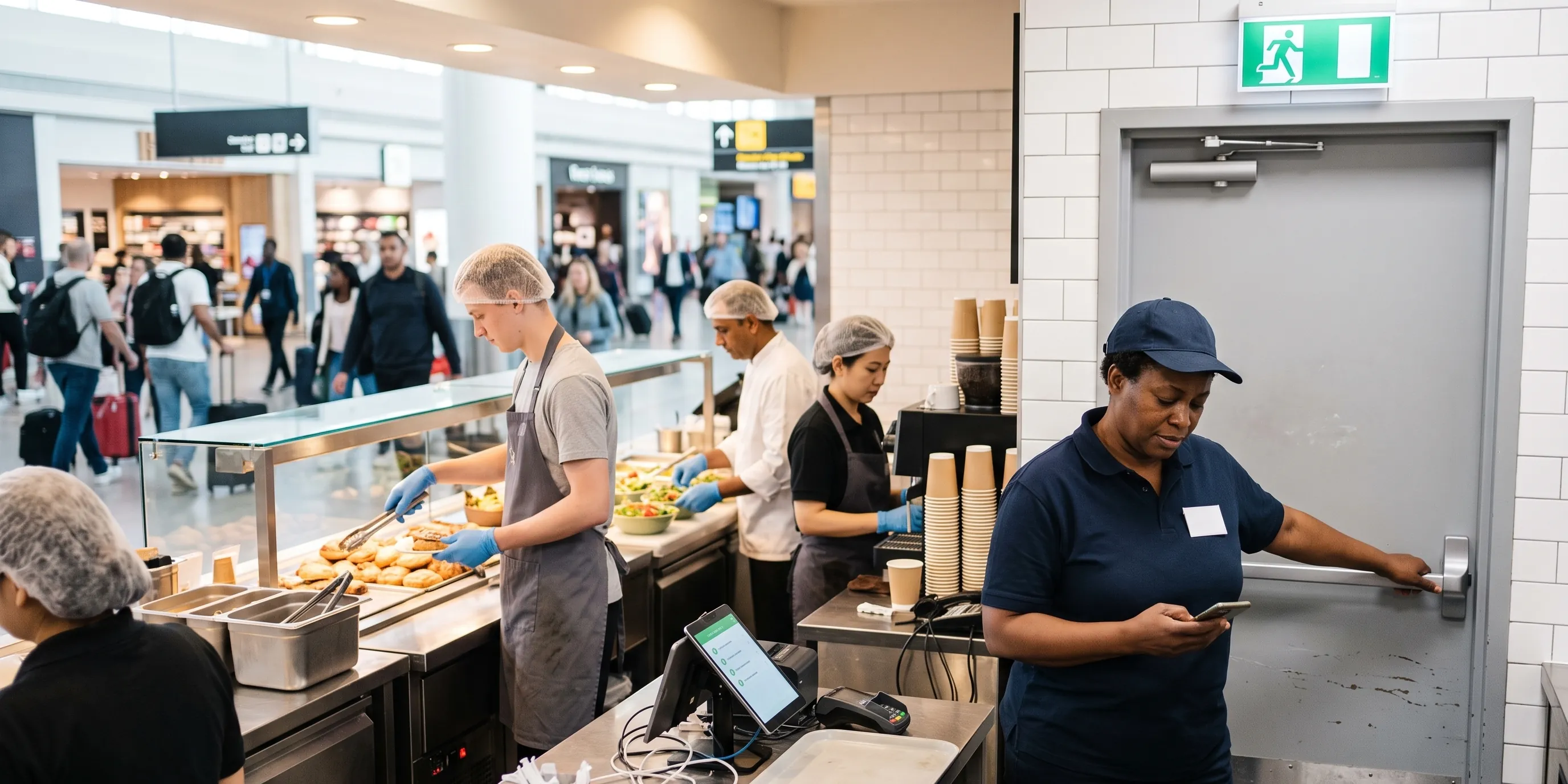 Health and safety as part of the daily opening routine Shift lead in an airport food outlet checks the emergency exit behind the counter before opening and confirms the check on her smartphone