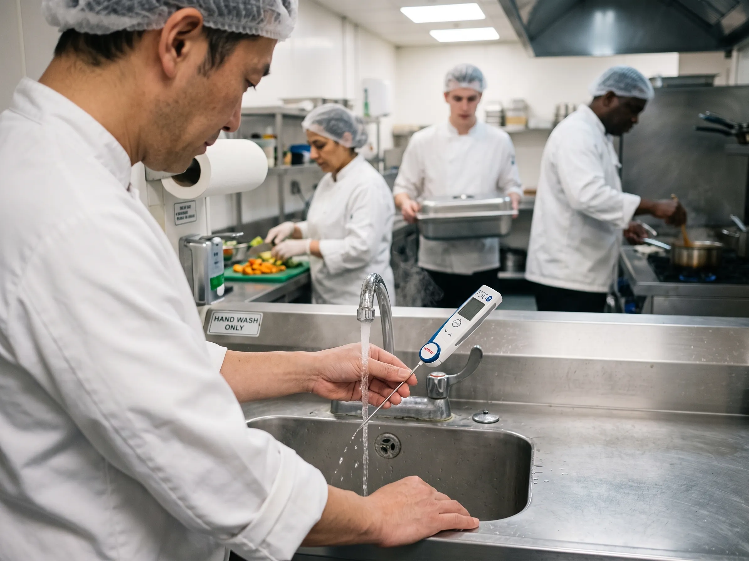 Water hygiene: temperature check at the outlet Chef measures the hot water temperature at a hand wash basin in a hotel kitchen with a digital probe thermometer as a legionella control