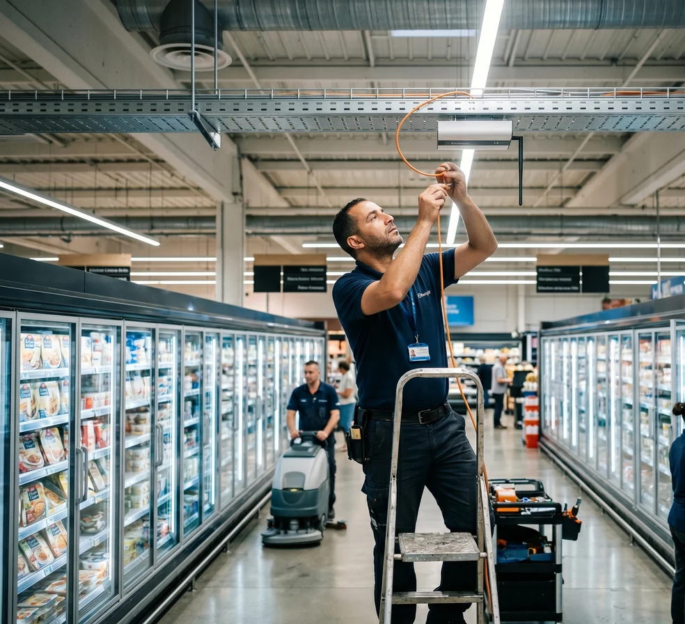 Technician installs a LoRaWAN gateway in the cold storage area of a supermarket