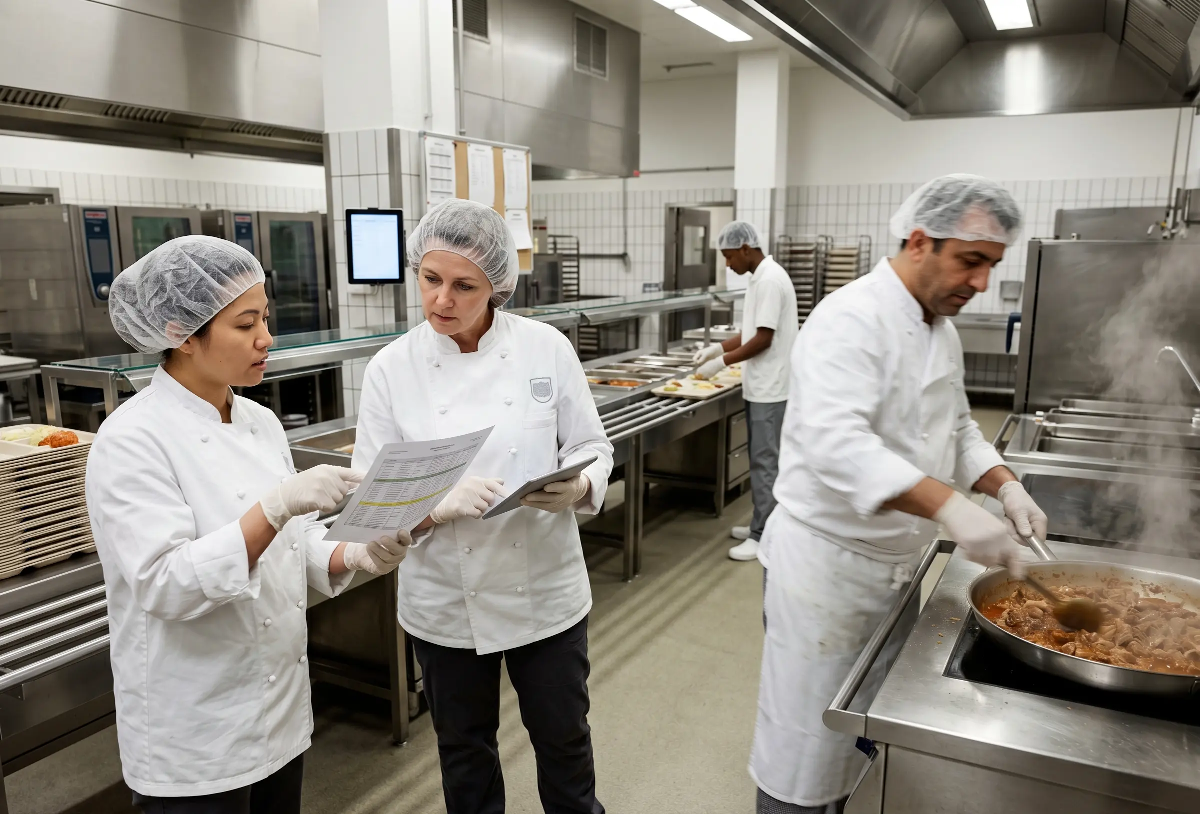 Kitchen lead and dietitian coordinating the diet plan in a contract catering production kitchen ahead of lunch service, while a chef and apprentice complete their preparation in the background.