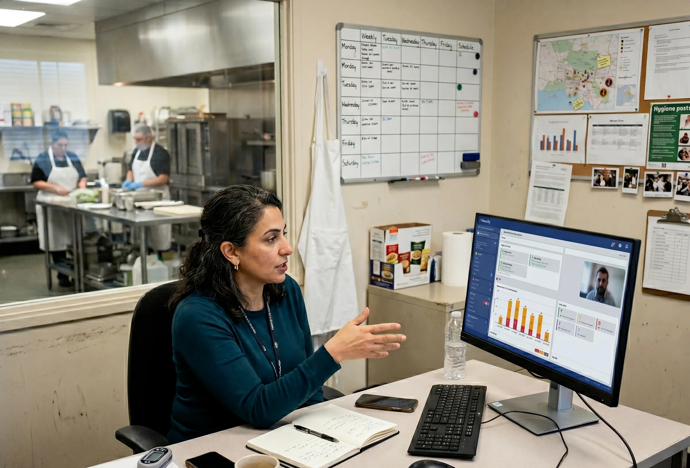 District manager in a foodservice operations office discusses with the flowtify consultant via video call, using the dashboard to review how audits, HACCP, and sensor data work together in daily operations.