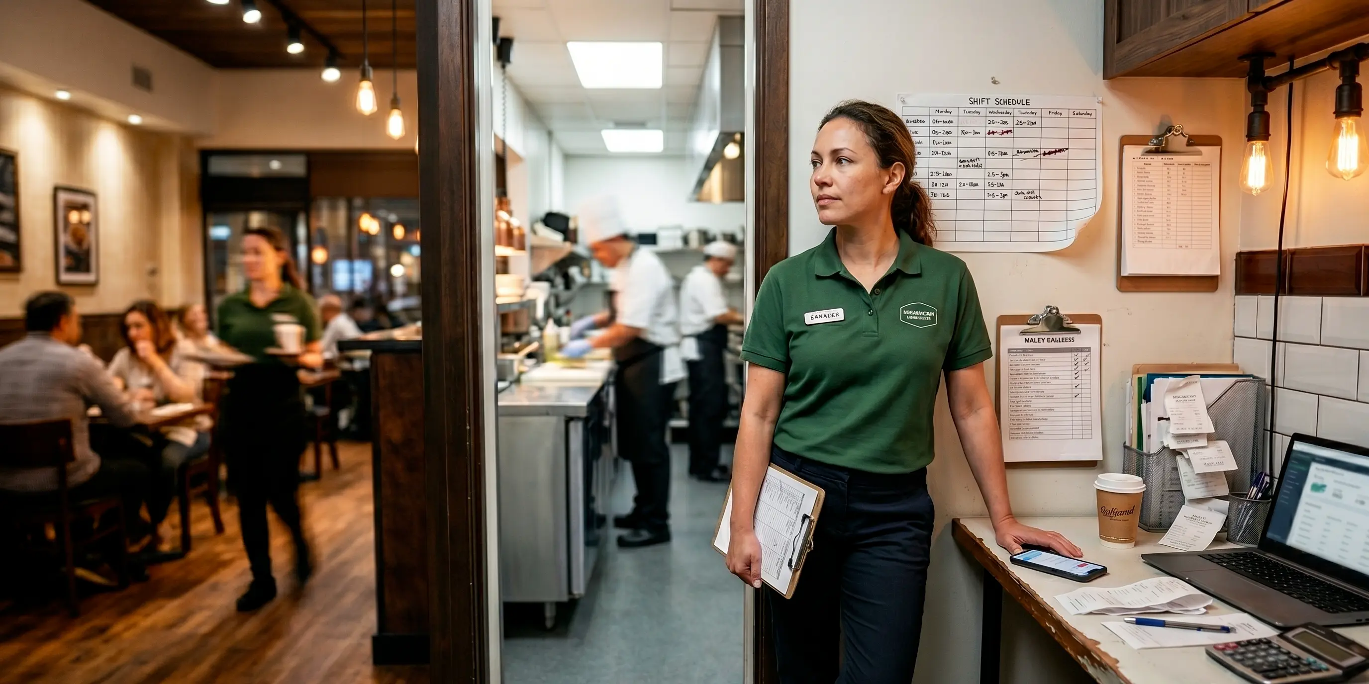 Operations manager pausing in the backoffice nook of her casual-dining location, mid-shift, reflecting on the next operational step