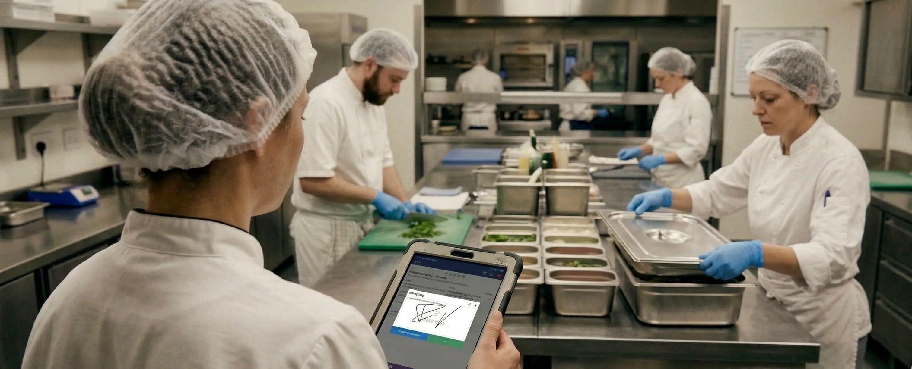 HACCP checklist documentation on a tablet in a professional kitchen