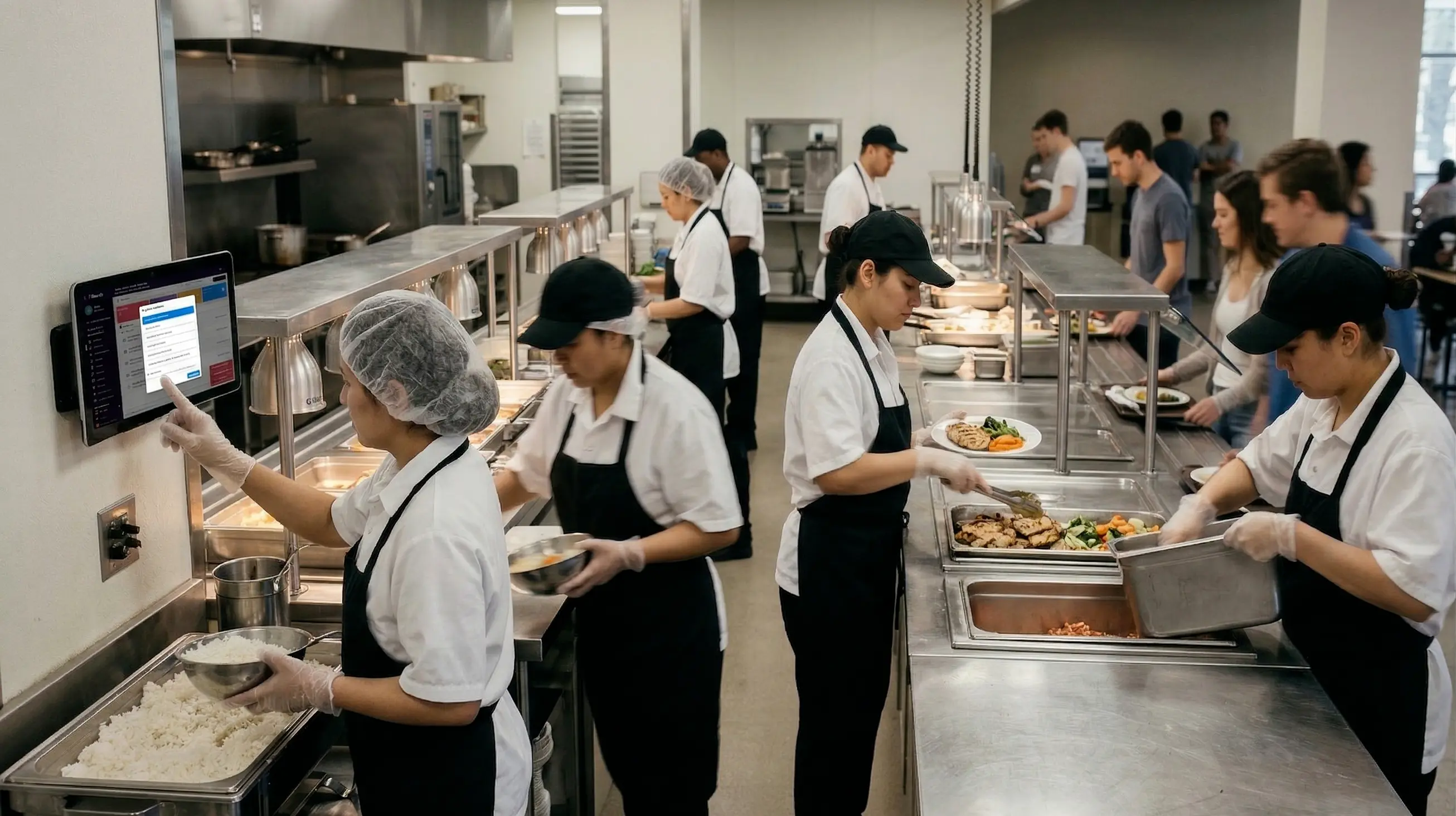 Staff working at stainless-steel stations in a professional catering kitchen, cook operating a wall-mounted tablet running the flowtify app for real-time quality control during operations