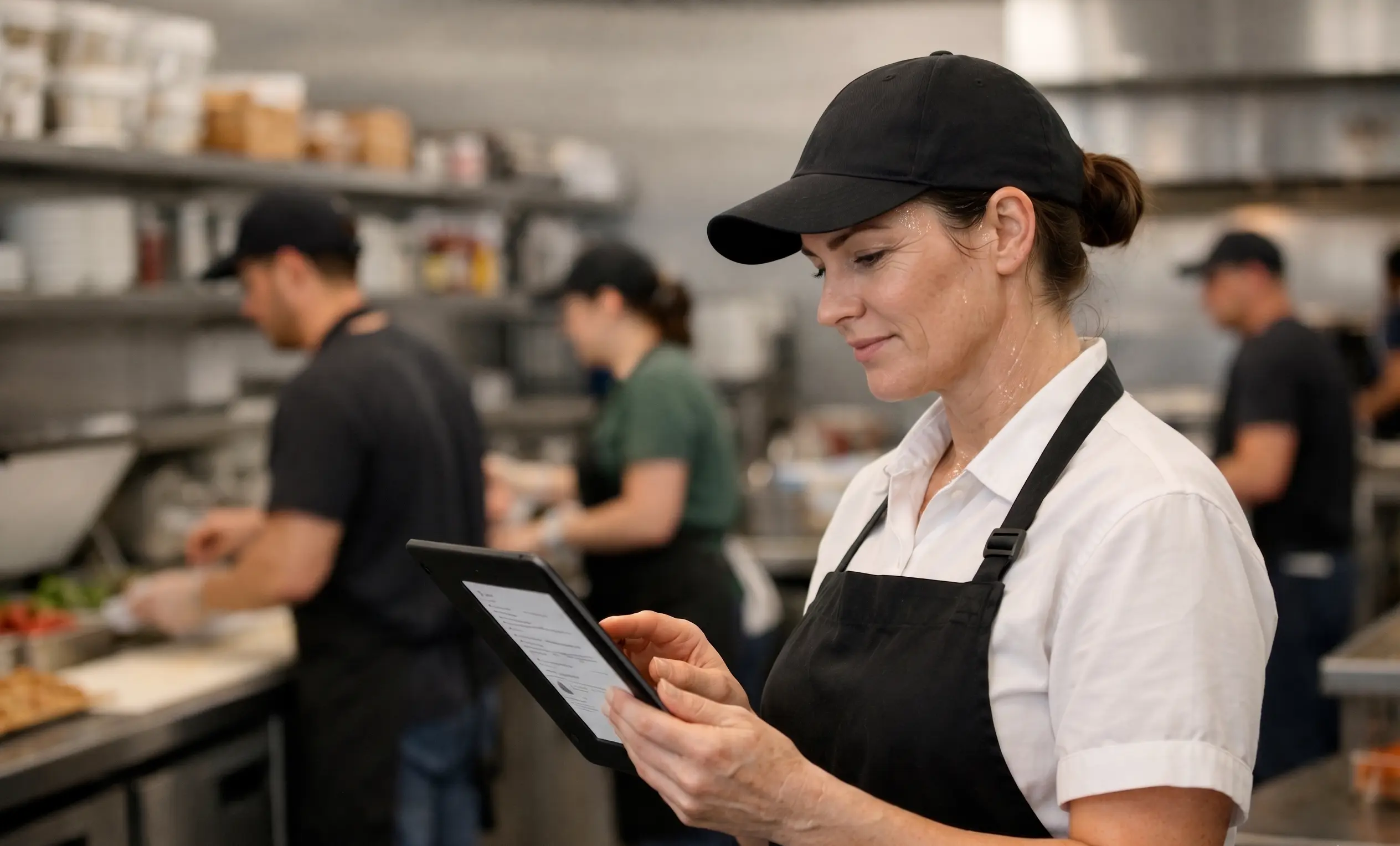 Staff member using tablet to schedule upcoming self-inspections, with a calm and orderly professional kitchen environment in the background