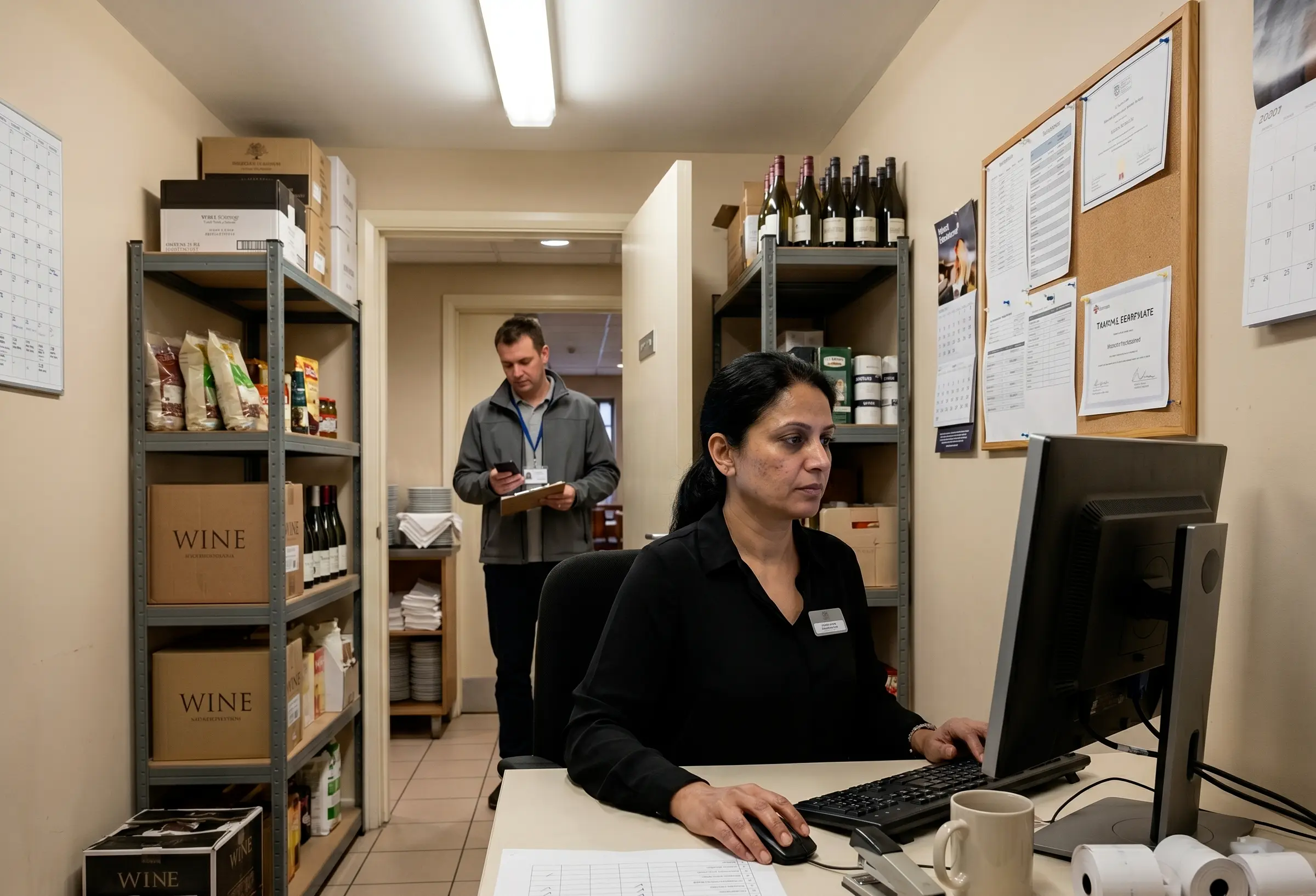 Location manager and external auditor in the back office of a contract catering facility: the auditor sees only what has been deliberately approved, an example of targeted rather than complete access.