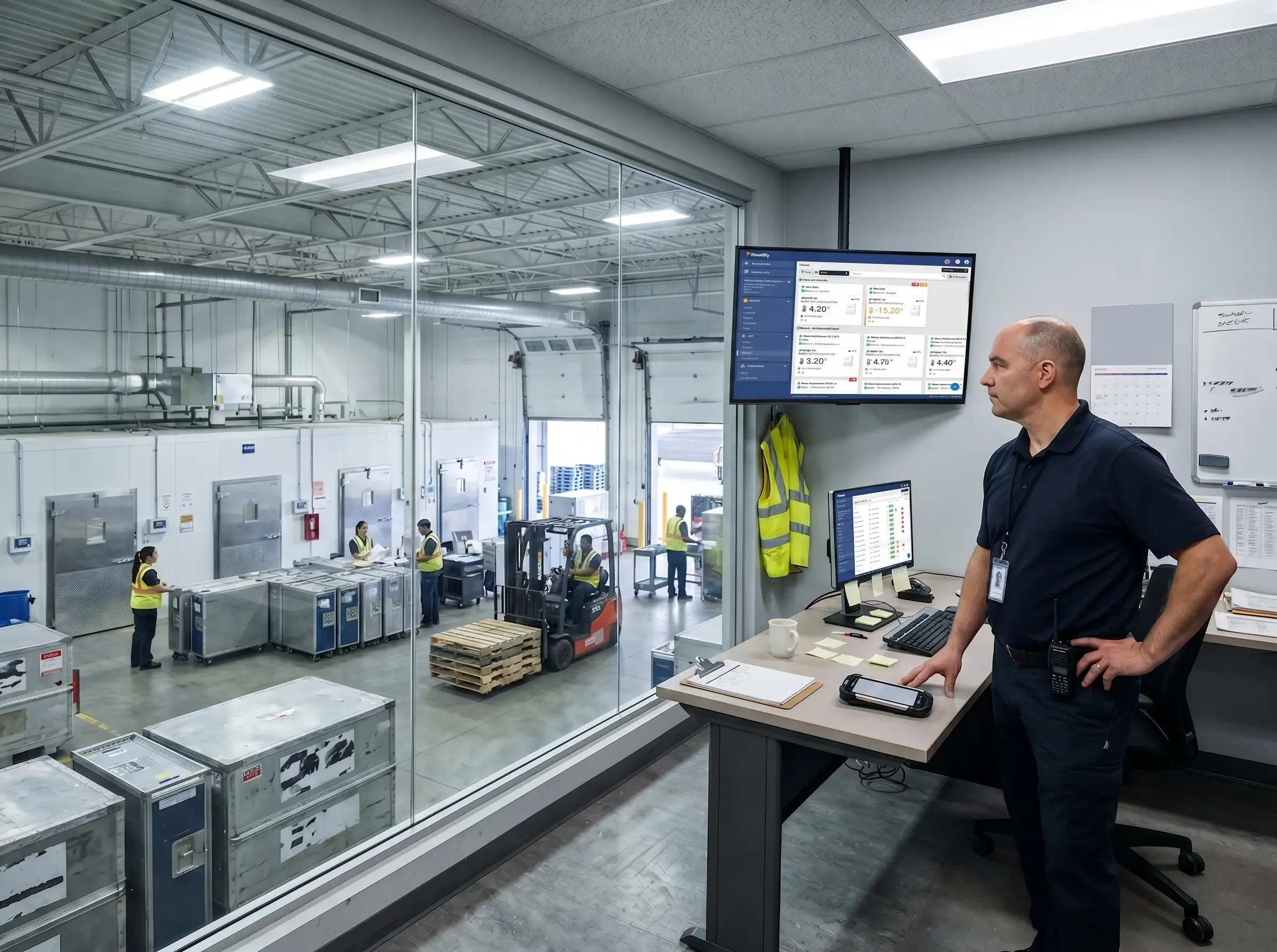 Supervisor in a control room monitors live cold room temperatures on flowtify SENSORS dashboards to catch deviations early while operations continue in the logistics hall behind the glass wall