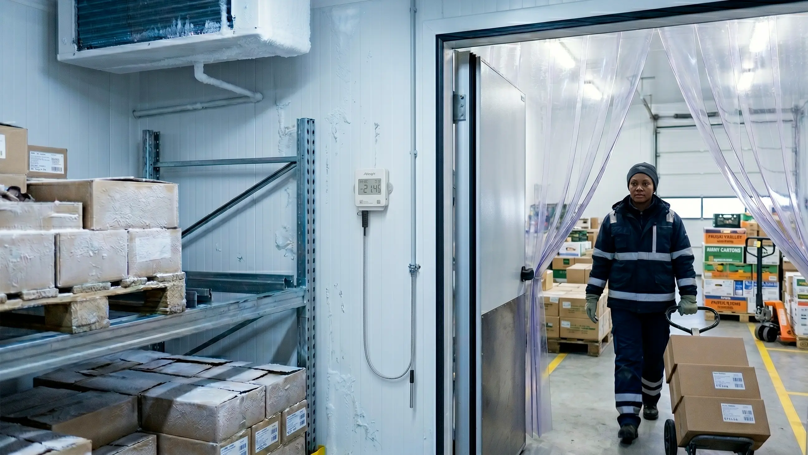 Warehouse employee pushes a pallet jack with food crates through the strip curtain into a frozen storage room, on the wall a Milesight sensor reads live minus 21 degrees Celsius