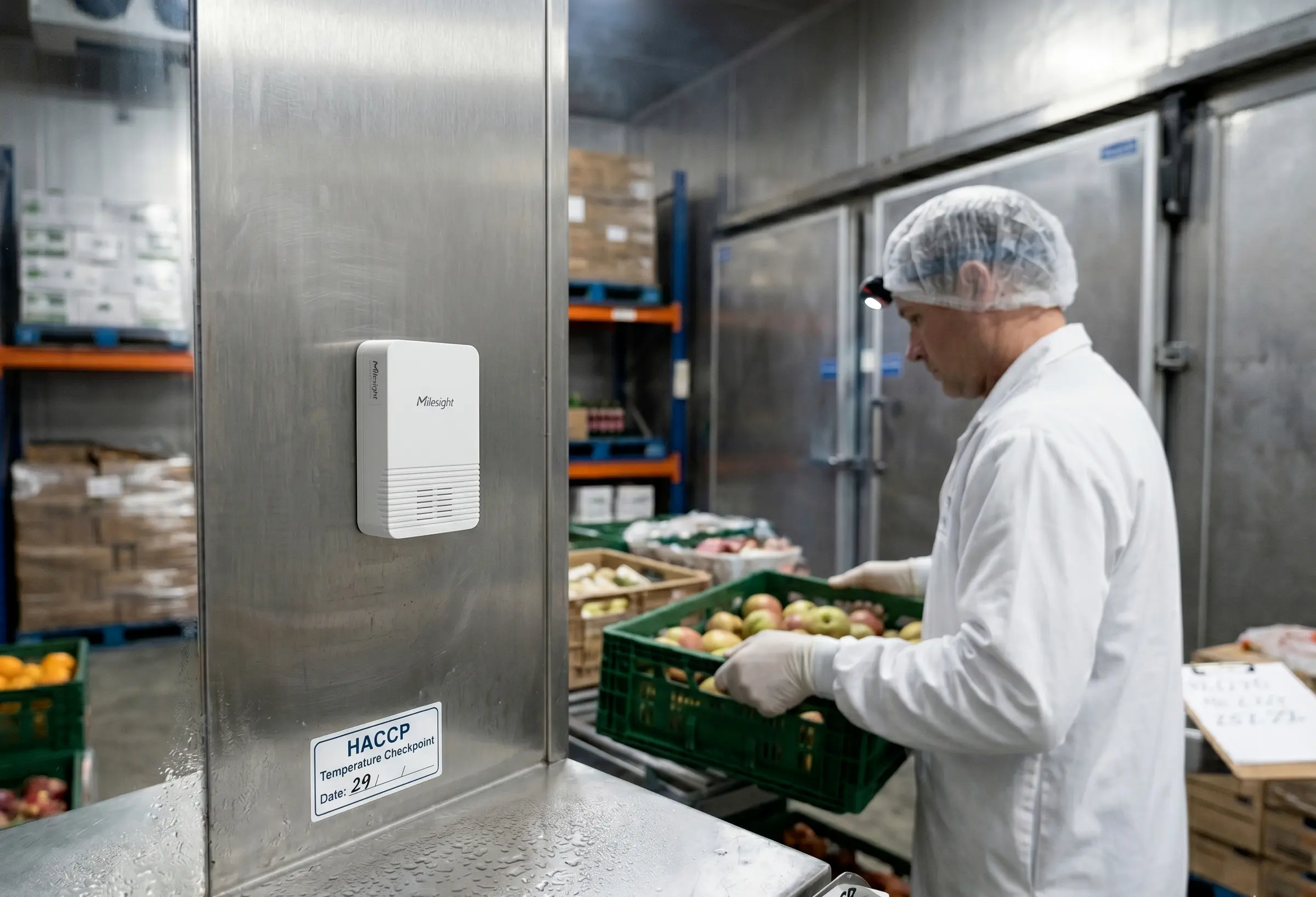 Milesight LoRaWAN sensor mounted on a stainless steel column with an HACCP Temperature Checkpoint label, while a worker in lab coat and head torch inspects a crate of apples in the cold room