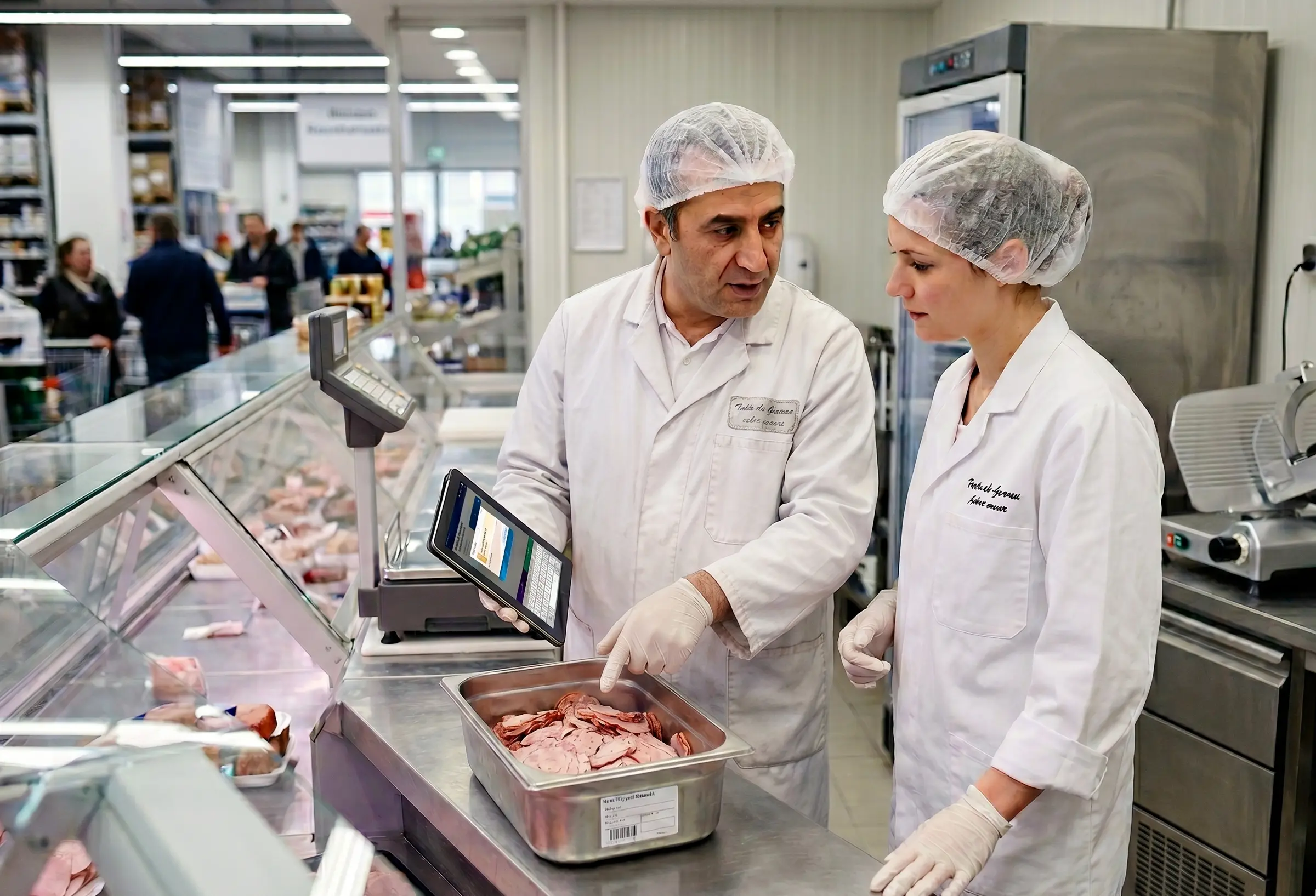 Shift handover at the fresh food counter of a cash-and-carry wholesale market: experienced fresh-counter specialist showing the incoming colleague the documentation for a labeled GN tray of sliced cold cuts on the tablet.