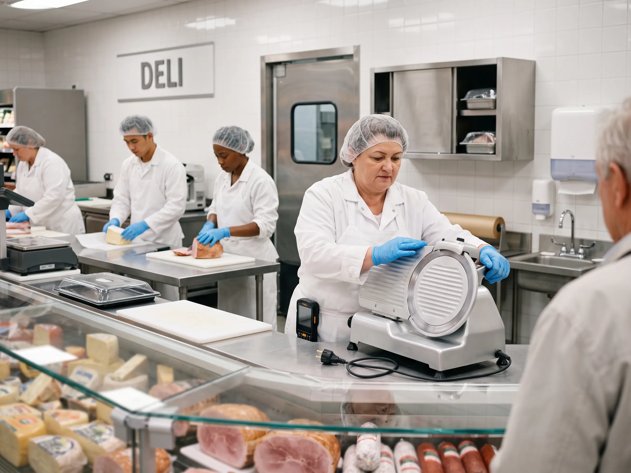 Work equipment safety check at the deli counter Deli counter employee in a supermarket checks the guard on the switched-off meat slicer