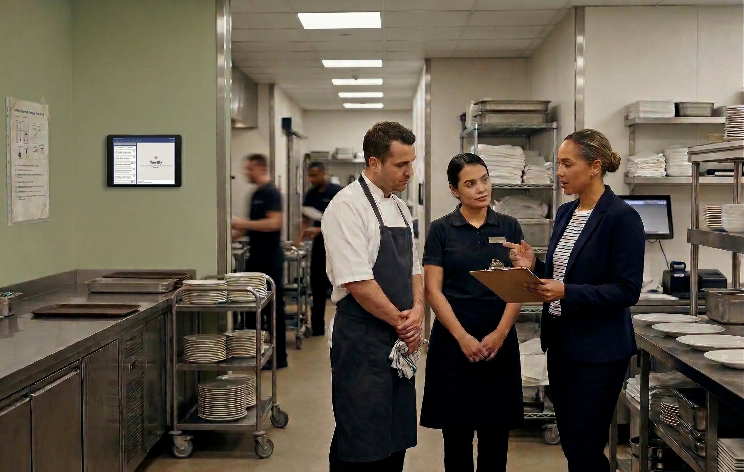 Manager coordinating hotel staff during structured quality assurance checks in back-of-house operations