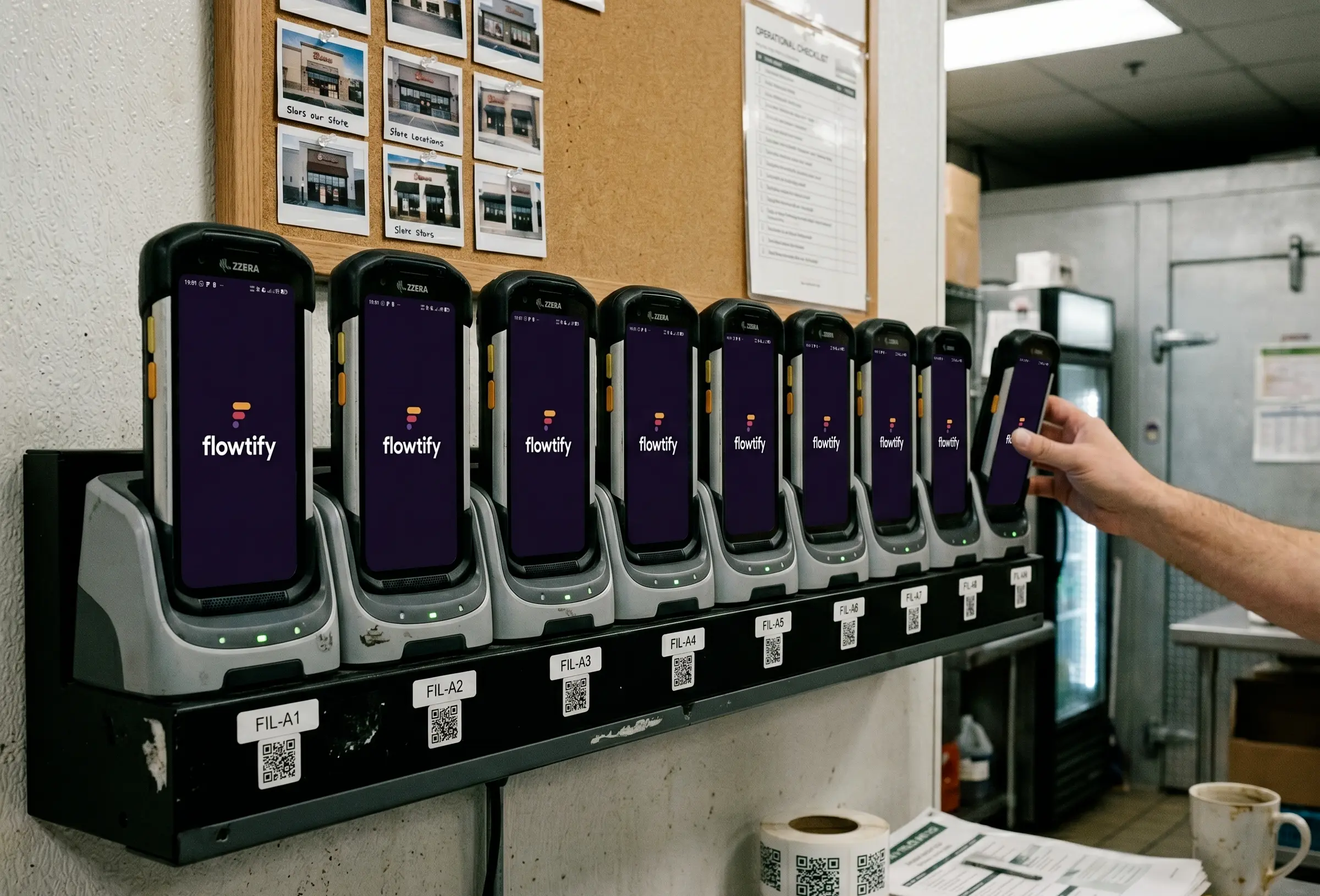 Wall-mounted charging station with nine identically configured handheld devices in a foodservice back-office, each device displaying the same flowtify checklist interface for its site.